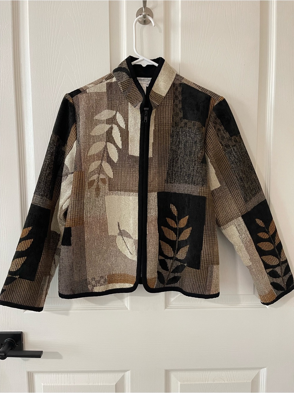 Coldwater Creek Petite Small Brown Abstract Leaf Tapestry Zip Jacket Boho Art